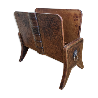 Magazine holder in leather and wood