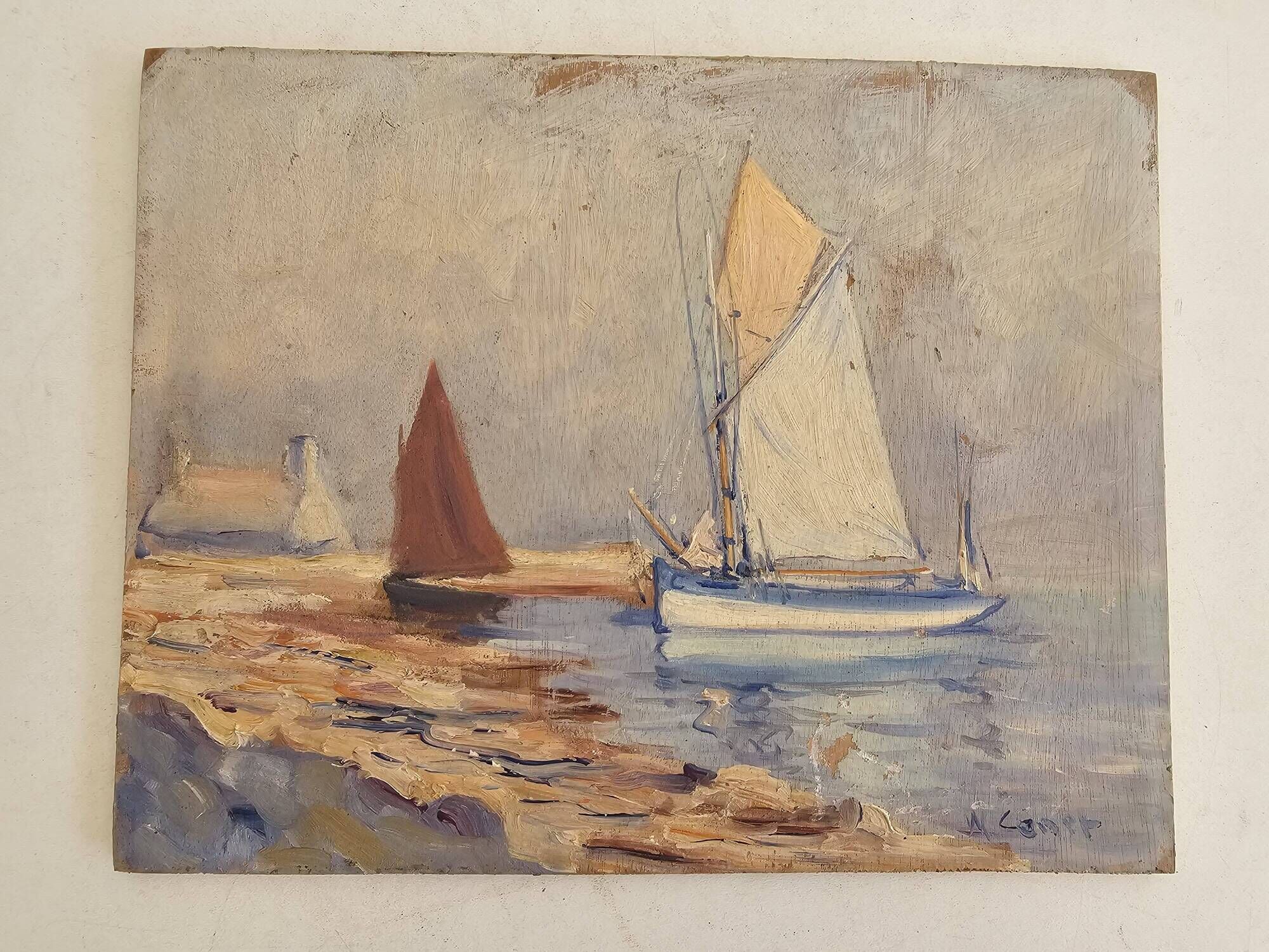 Oil painting on panel of sailing boats near the shore signed marcel canet.