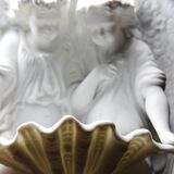 Porcelain biscuit holy water font with 2 angels, antique 1900-1930, Germany.