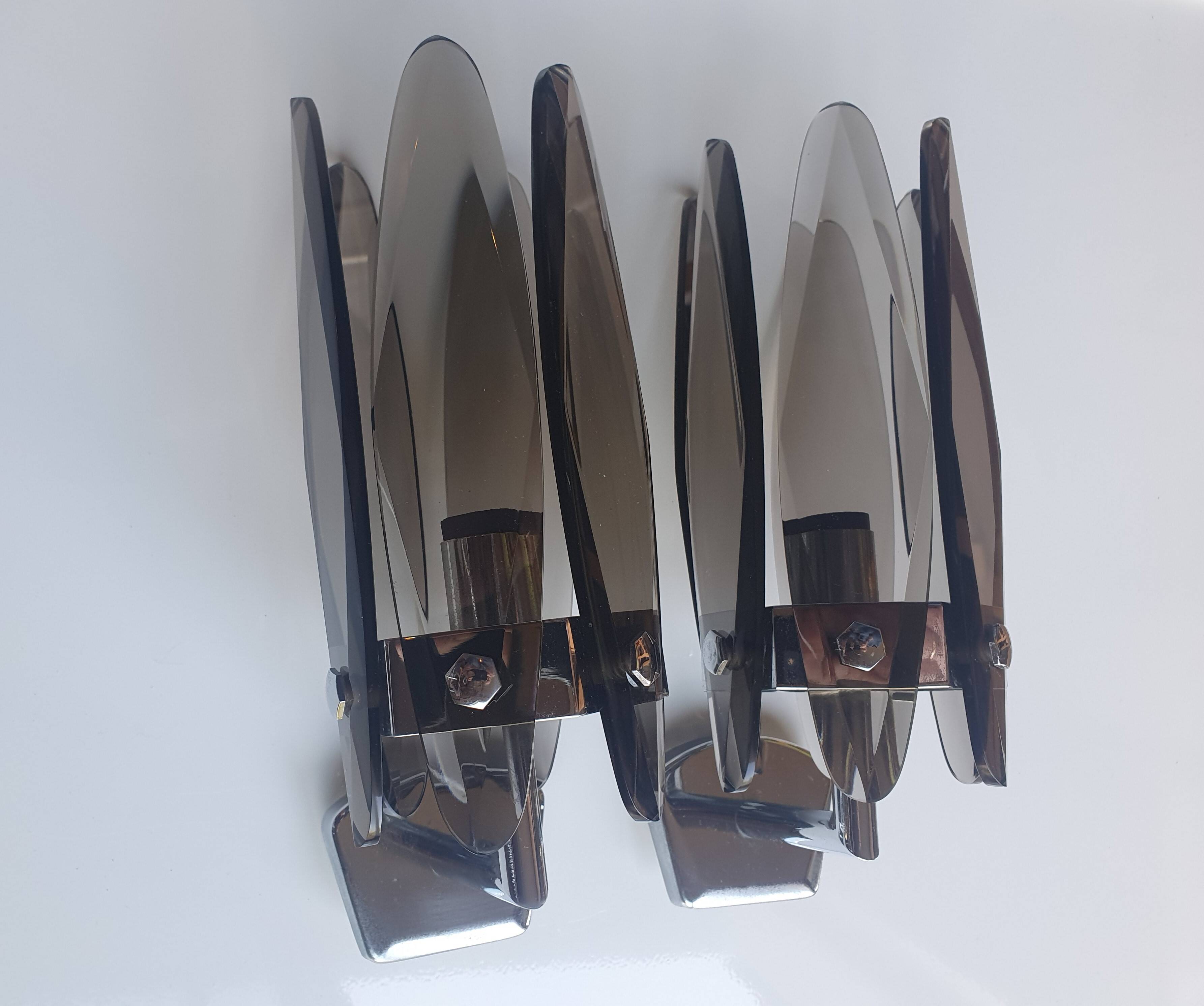 Pair of vintage Italian chrome wall sconces with smoked glass