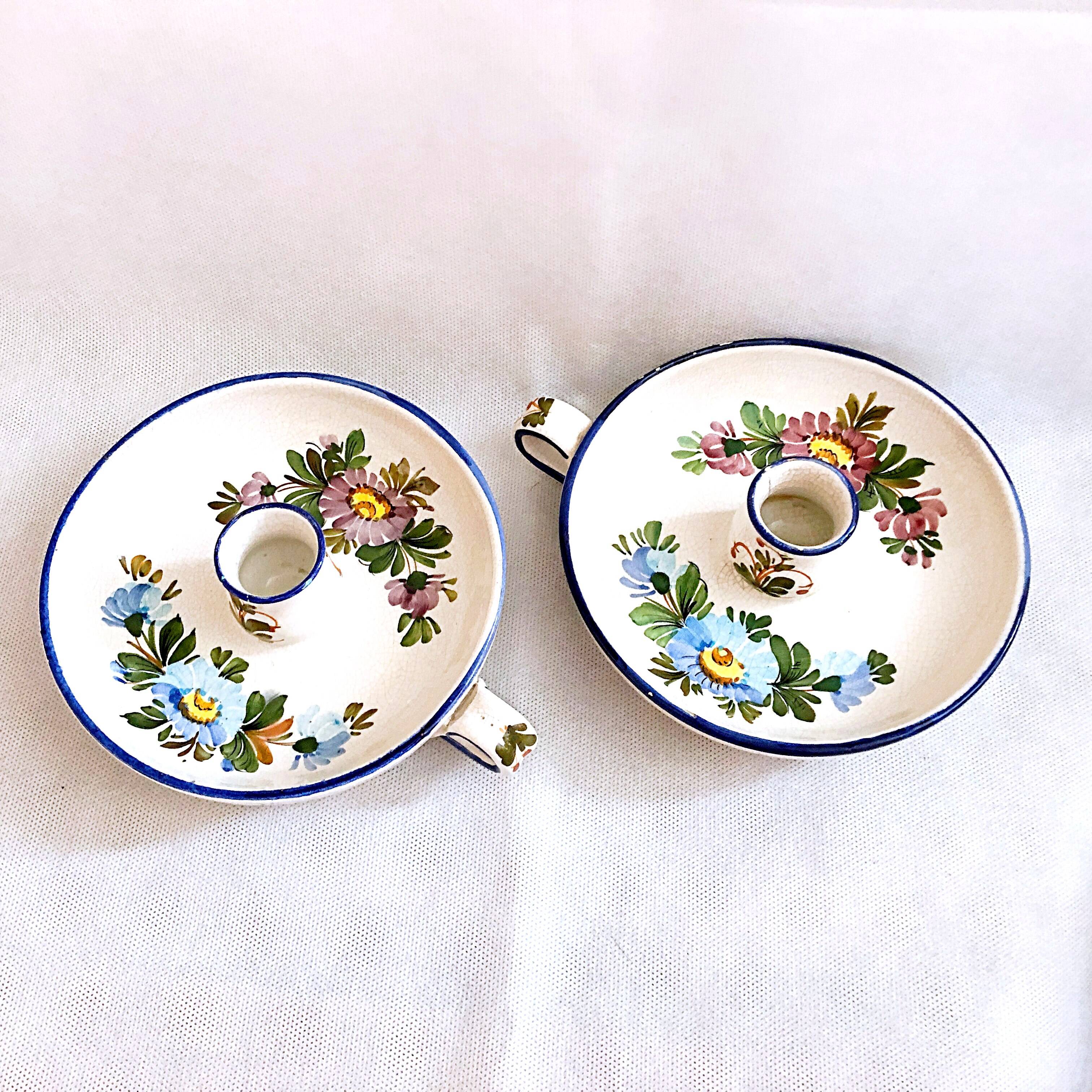 Pair of handmade cracked earthenware hand candlesticks signed Bassano Italy