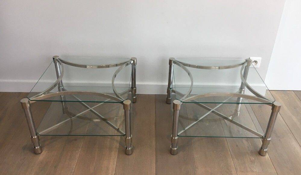 Pair of chrome side tables and glass slabs