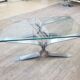 Vintage brushed steel coffee table and thick glass top - italian design