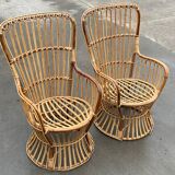 Ensemble de deux fauteuils en rotin du milieu du siècle par Bonacina 1950 Design