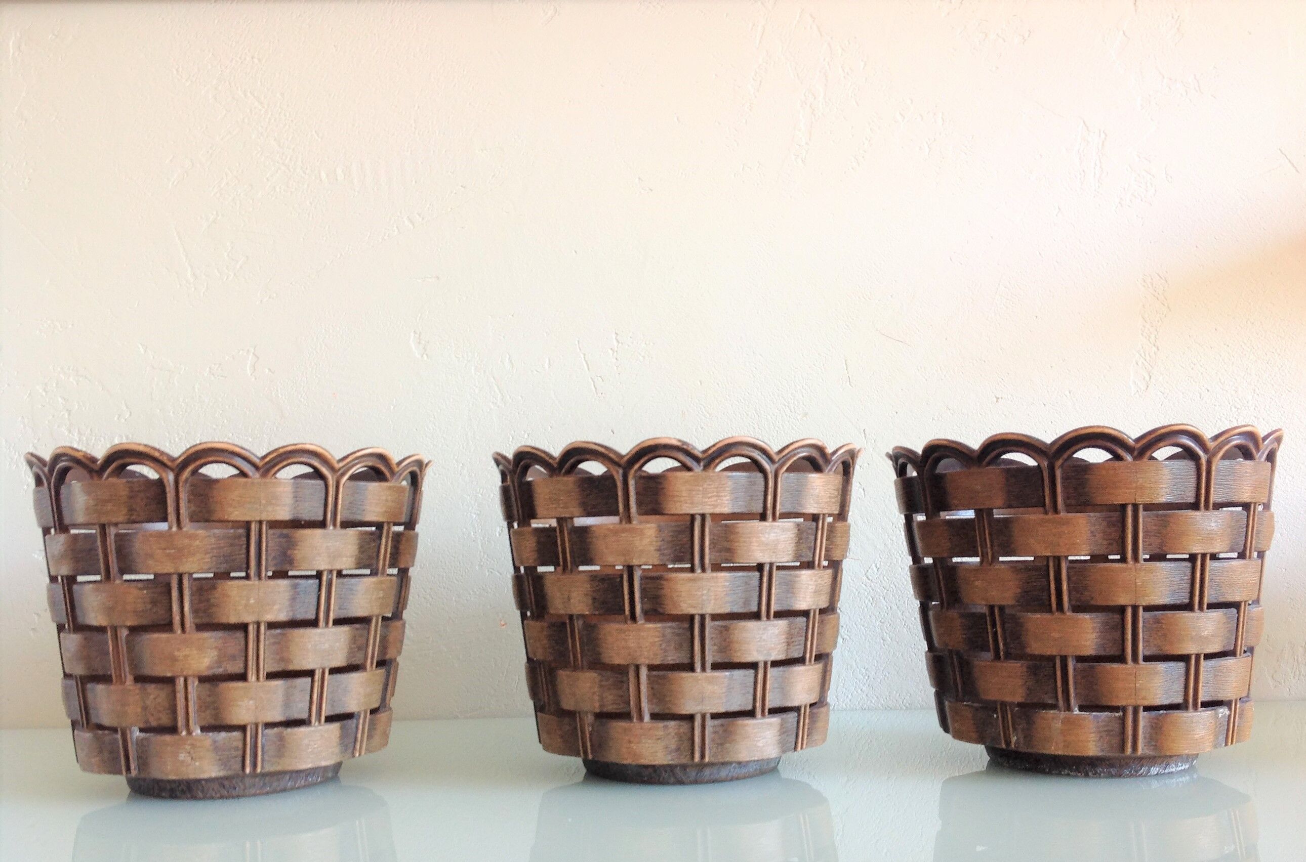 Suite of three cache pots imitation wicker braided by Emsa / vintage 60s-70s