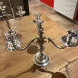 Pair of candelabra, three silver-plated metal lights