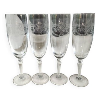 4 flûtes à champagne en cristal d'Arques, modèle Dampierre