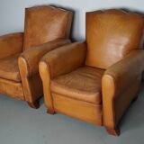 Pair of French Cognac Moustache Back Leather Club Chairs, 1950s
