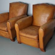 Pair of French Cognac Moustache Back Leather Club Chairs, 1950s