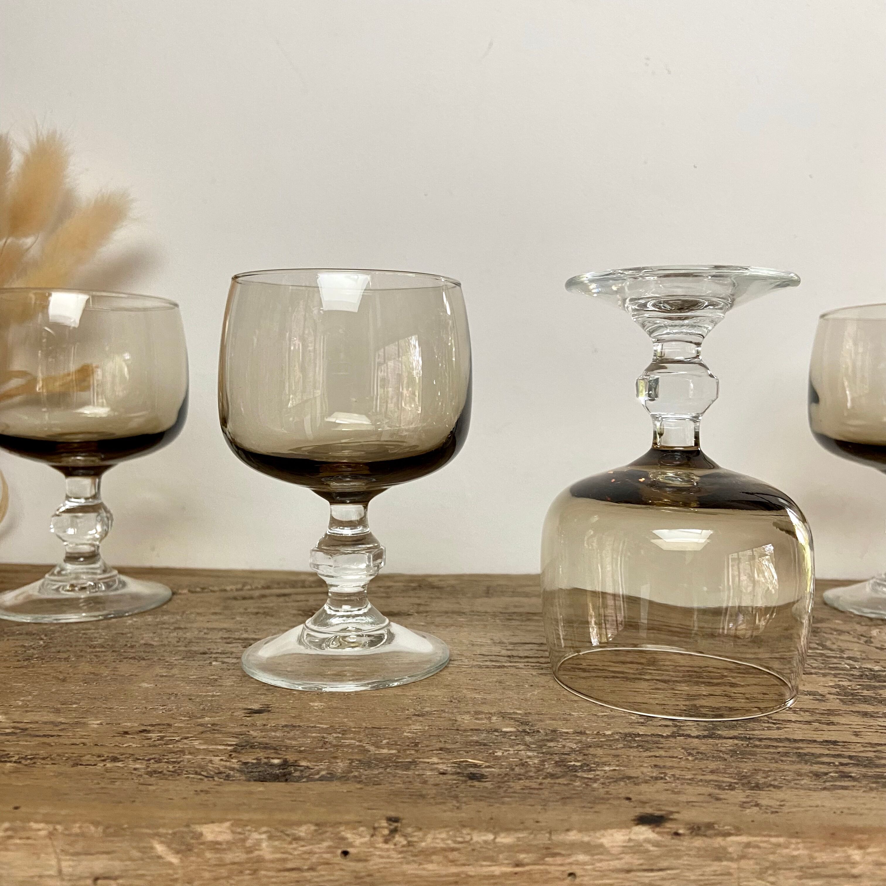 6 small vintage smoked stemmed glasses