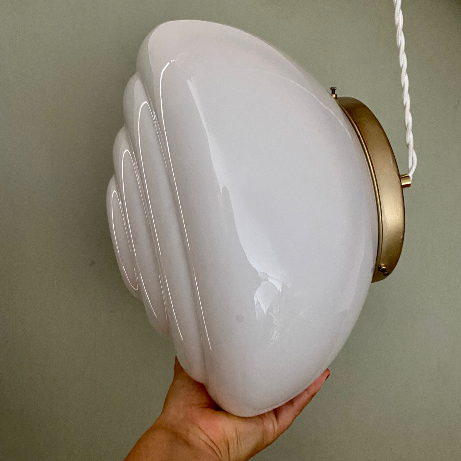 Vintage XXL art deco globe pendant light in white opaline
