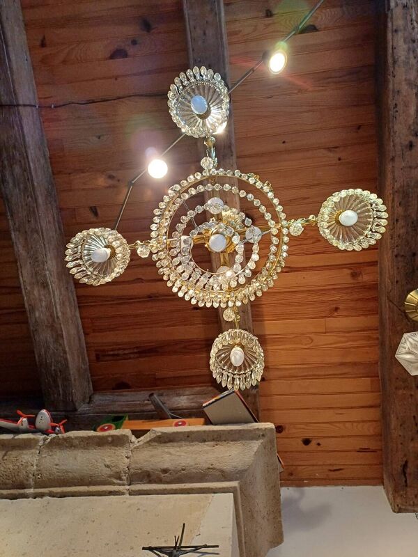 Lustre à pampilles ancien cristal est bronze époque XIXeme