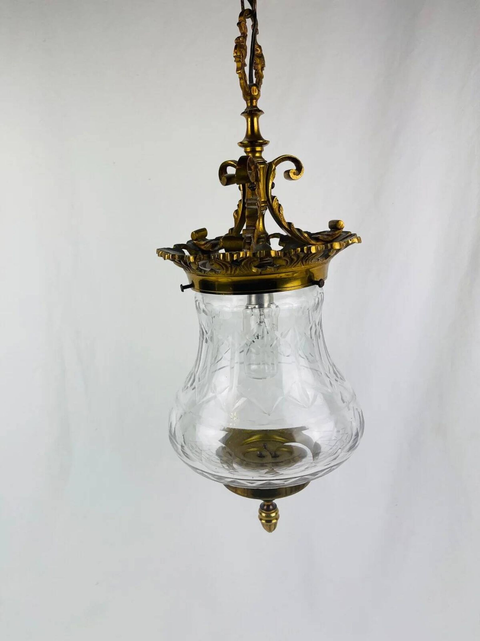 Suspension lantern in gilded bronze and engraved glass, Louis XVI style.