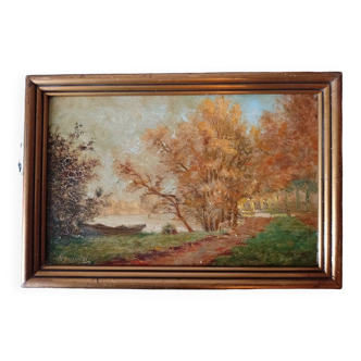 Oil painting on wood landscape early 20th century impressionism sign