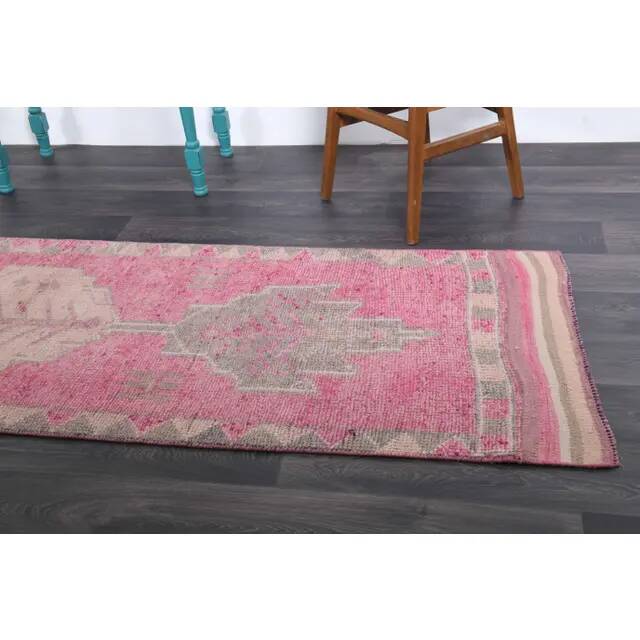 1970s Vintage Turkish Hand-Knotted Wool Cotton Pink Runner Rug 90x303