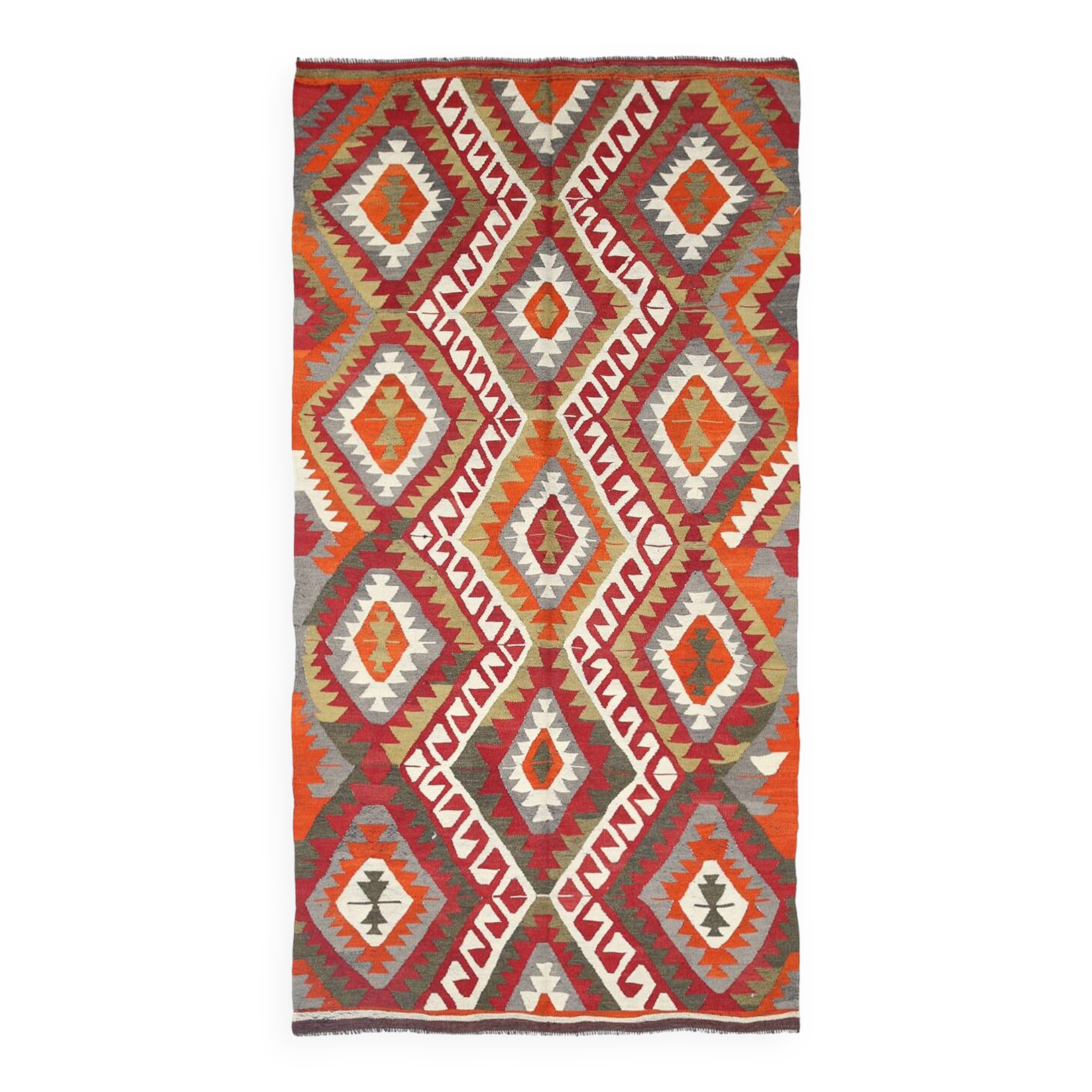 Red & Green Tribal Handmade Turkish Kilim Rug, 163x316Cm