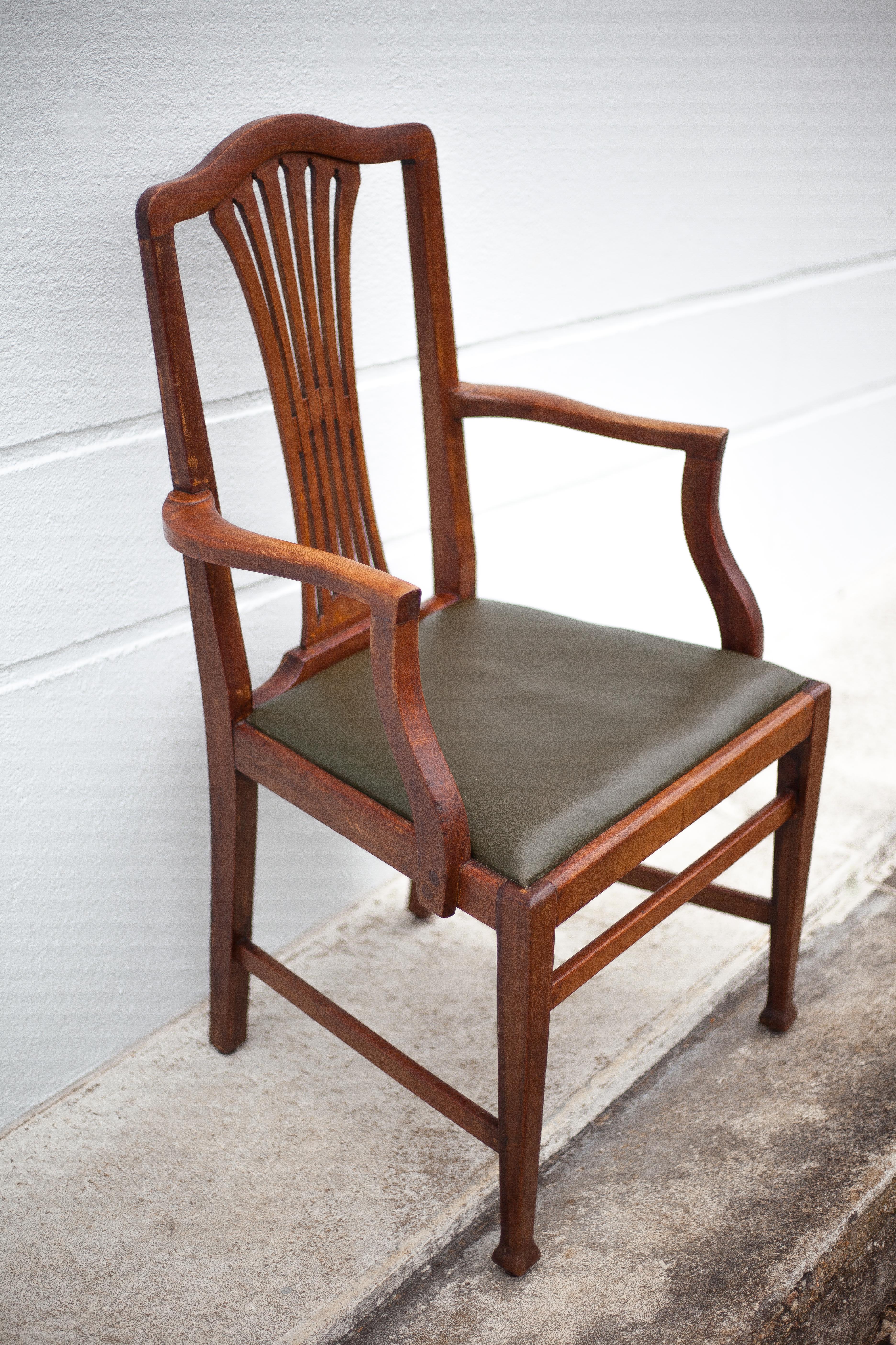 Art Nouveau armchair, wooden armchair with green leather seat, guimard style legs, living room, library