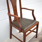 Art Nouveau armchair, wooden armchair with green leather seat, guimard style legs, living room, library