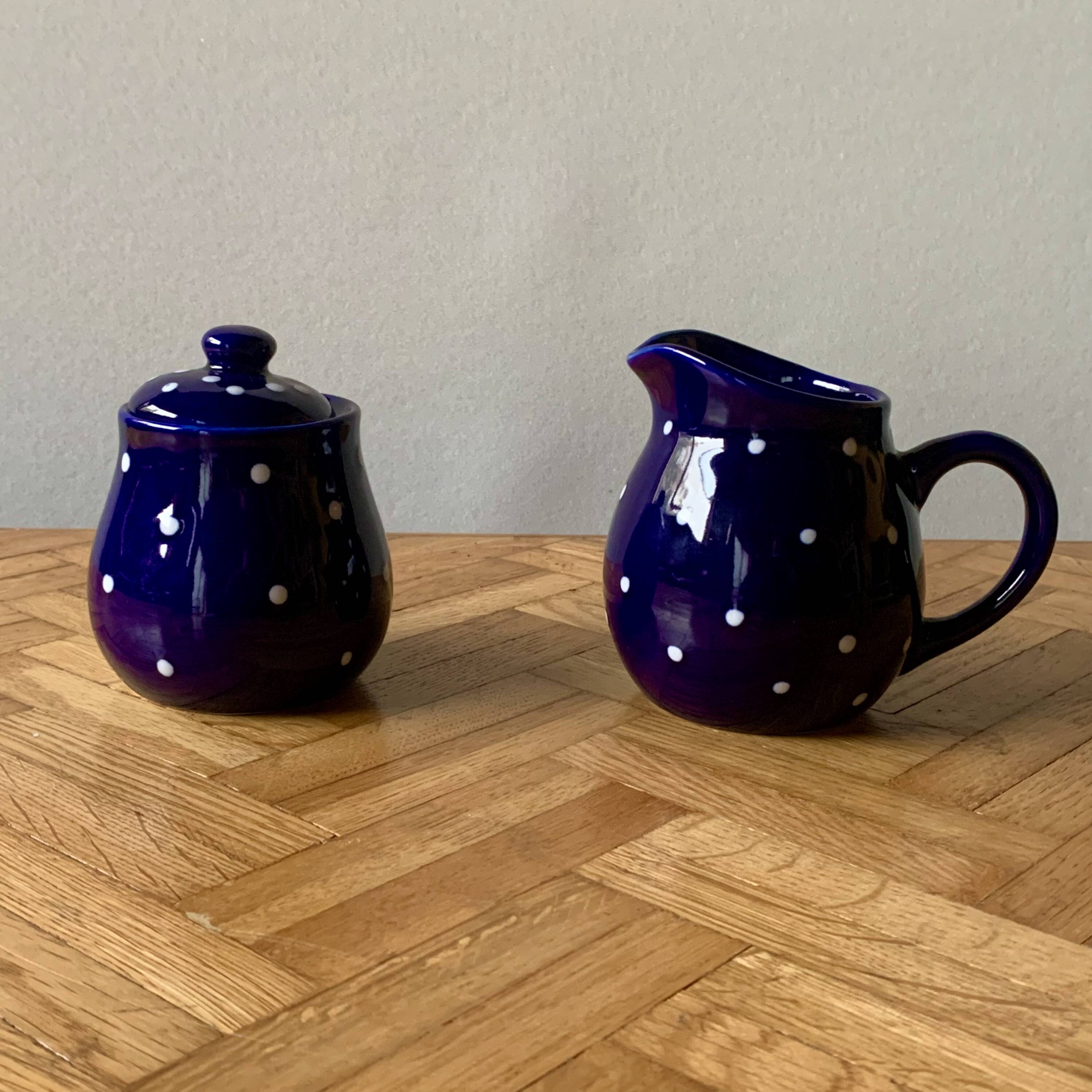 Vintage midnight blue coffee and dessert set with white dots - Glazed ceramic Feinsteinzeug
