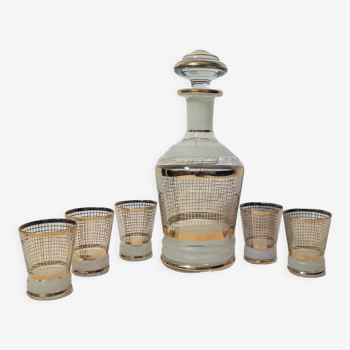 Art deco transparent glass liqueur service with golden checkerboard pattern
