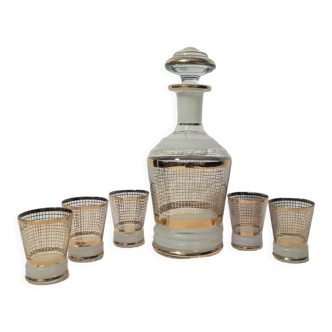 Service à liqueur art déco en verre transparent avec motif damier doré