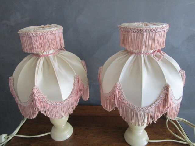 Pair of antique bedside lamps in alabaster and satin lampshade