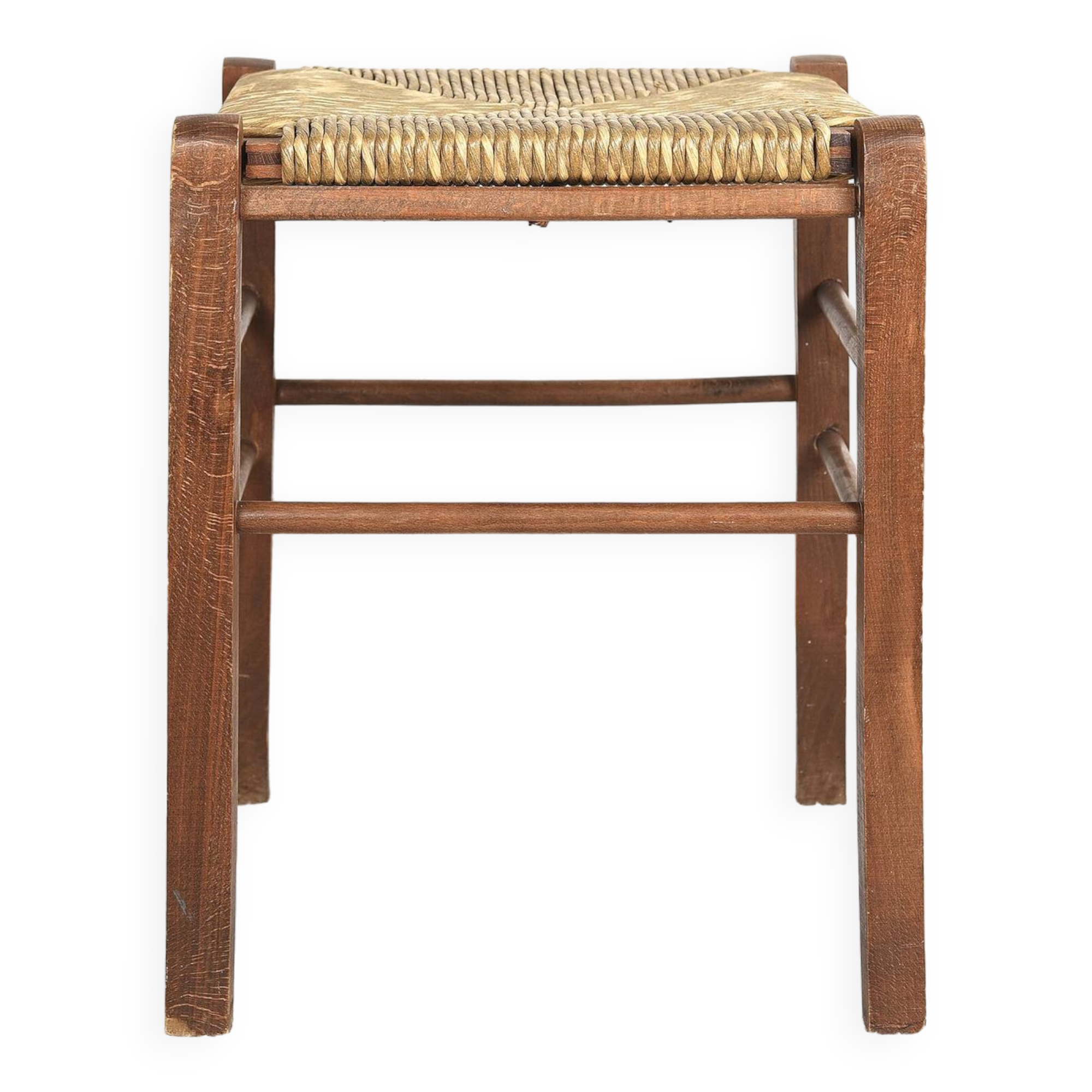 Vintage stool, square, in solid wood, straw seat.