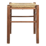Tabouret vintage, carré, en bois massif, siège en paille.