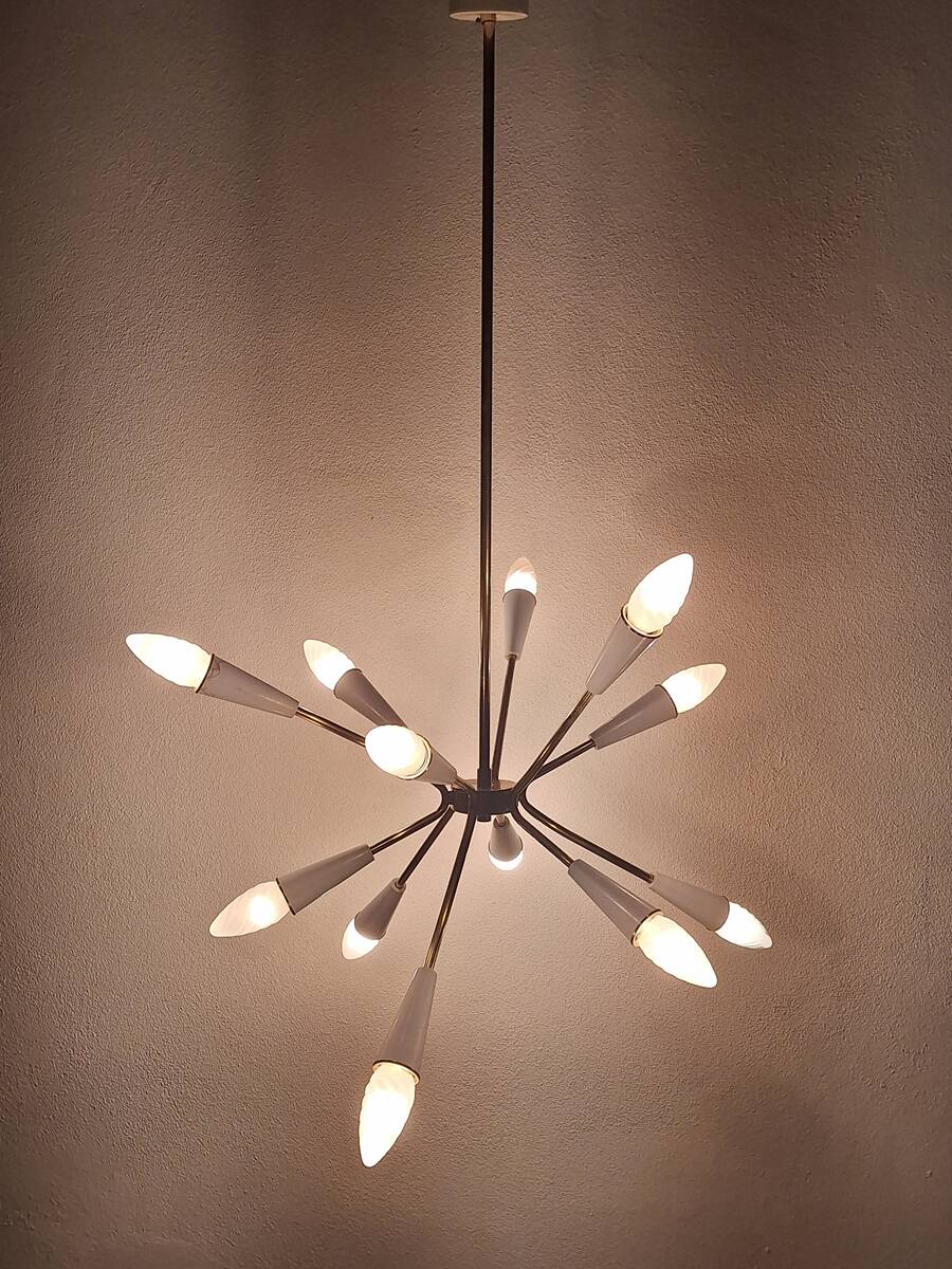 Stilnovo style 12 light Brass and White sputnik Chandelier