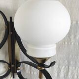 Opaline double globe wall lamp, wrought iron and brass - 50s/60s