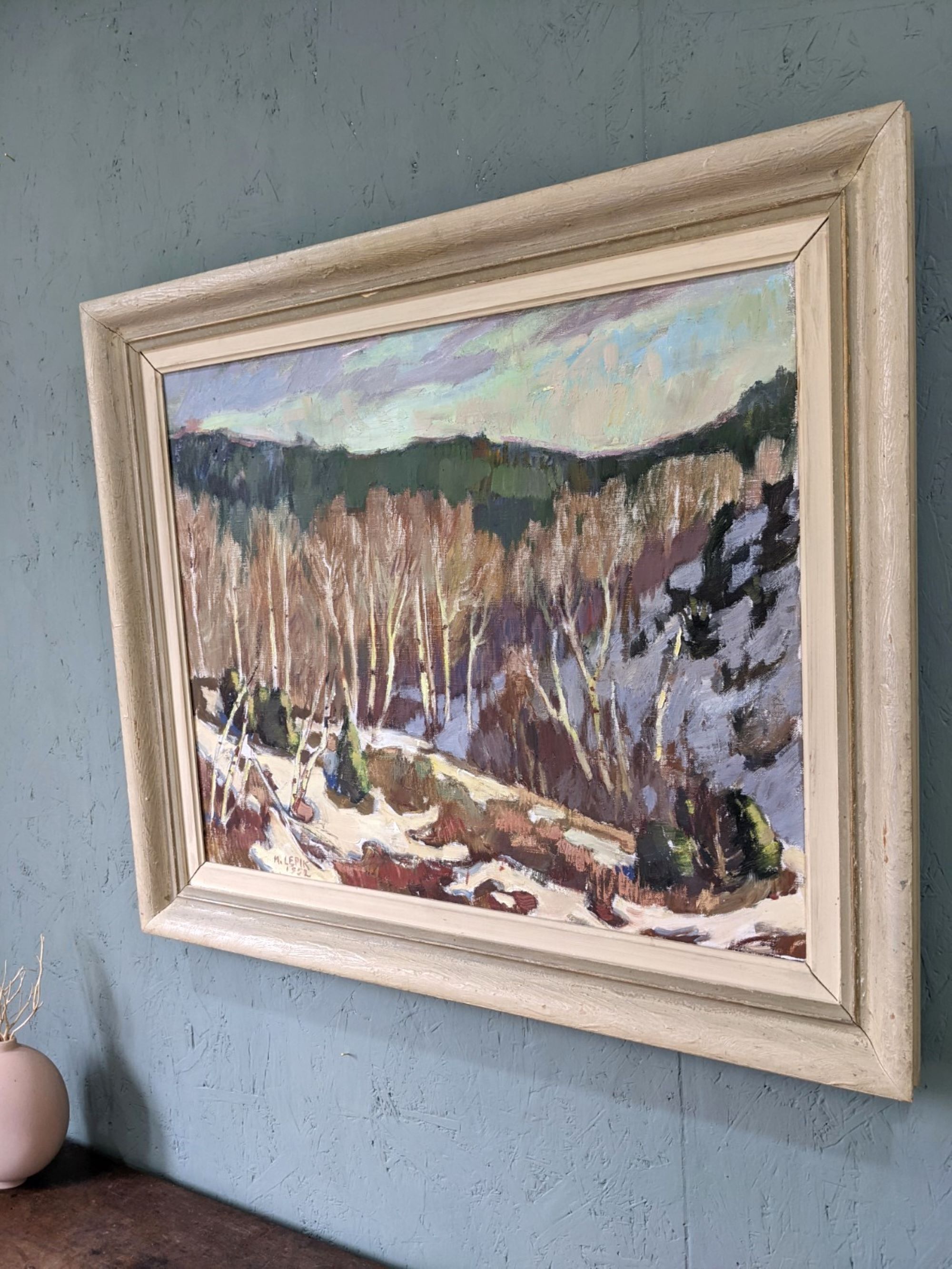 1952 Mid-Century Modern Swedish "Alp Trees" Vintage Winter Landscape Oil Painting, Framed