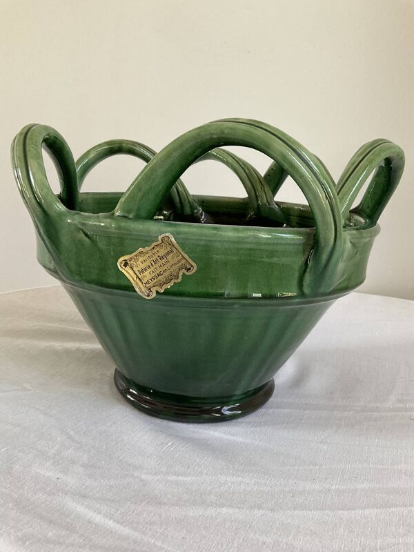 Corbeille / cache-pot vintage en céramique émaillée verte, Meyssac
