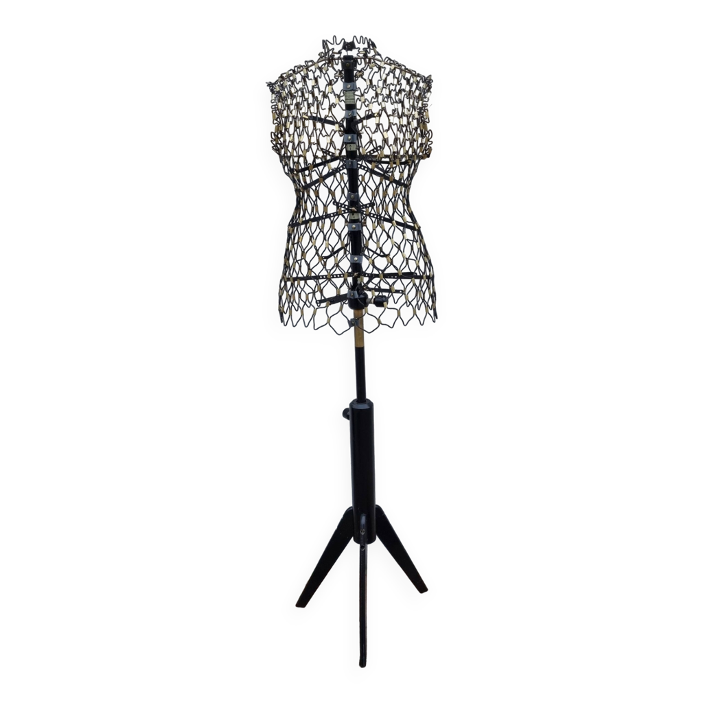 Mannequin de couture vintage en fil de fer gainé sur pied tripode