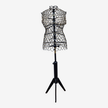 Mannequin de couture vintage en fil de fer gainé sur pied tripode 'création ideal' des années 60