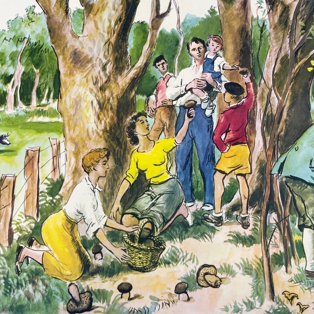 Rossignol poster A wounded comrade and mushroom picking