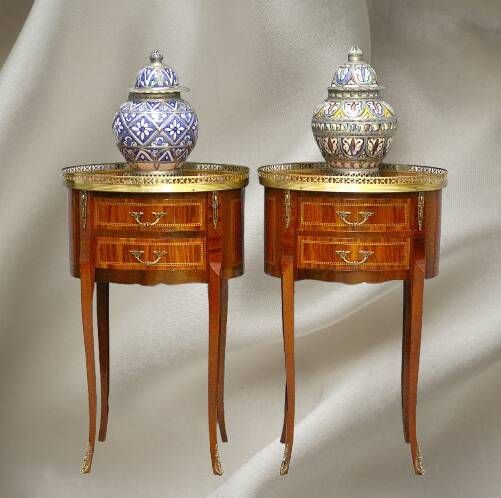Pair of Bedside Tables / Salon in Marquetry Transition Style Louis XV/Louis XVI