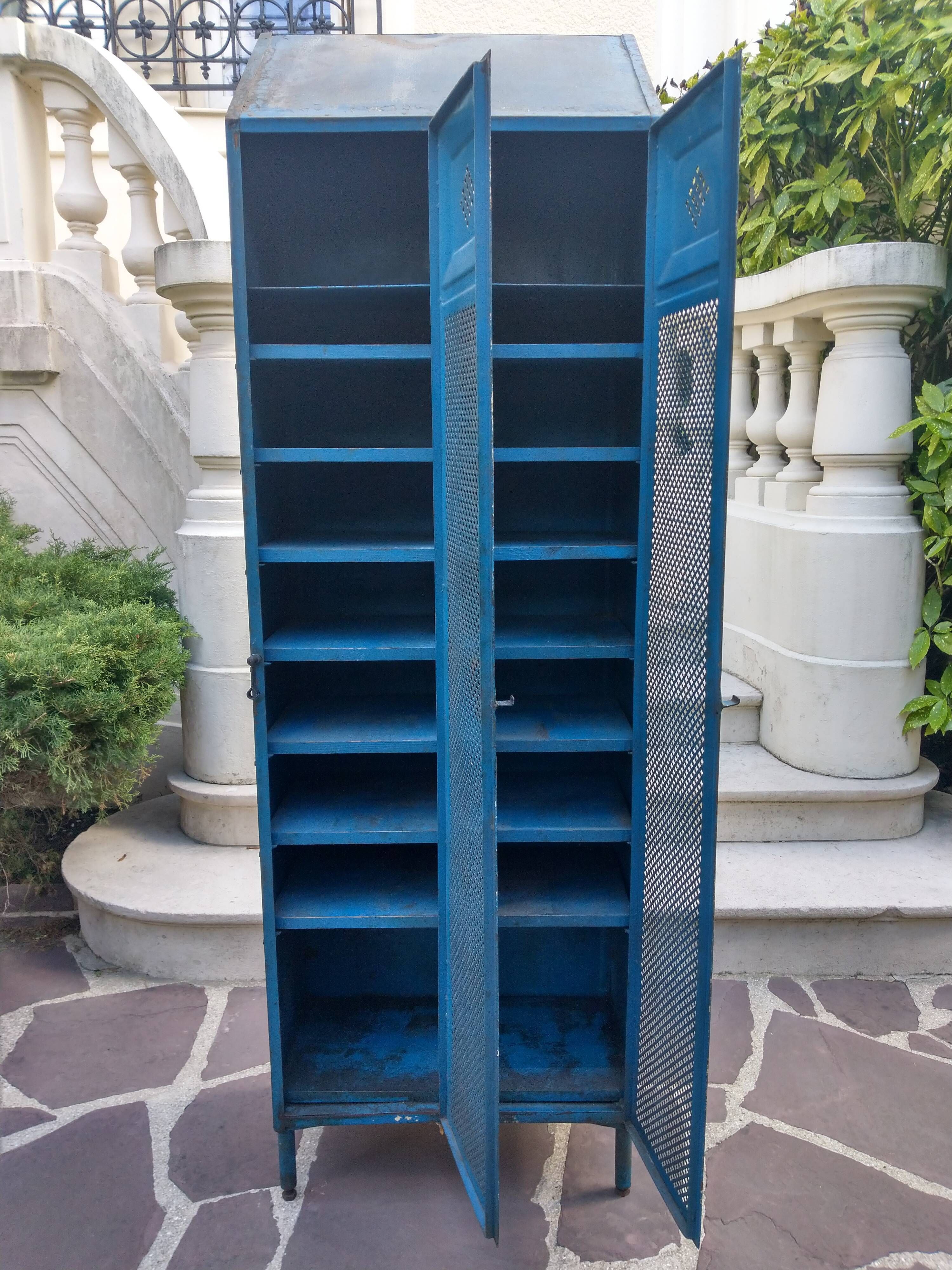 Vintage blue industrial cabinet, original condition, 1930s