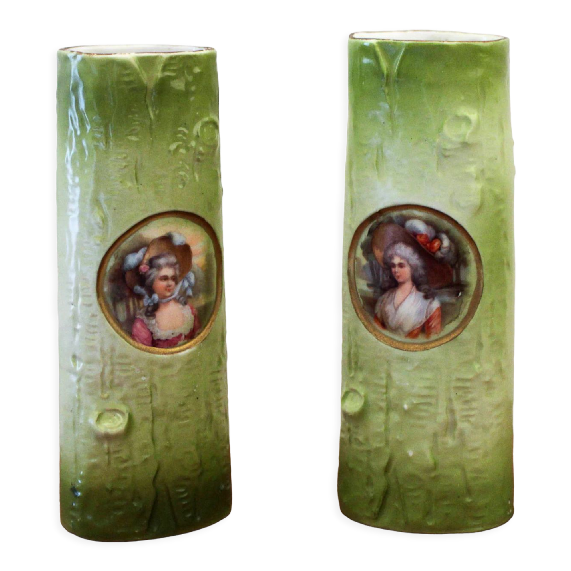 Pair of porcelain vases with portrait decoration of a woman