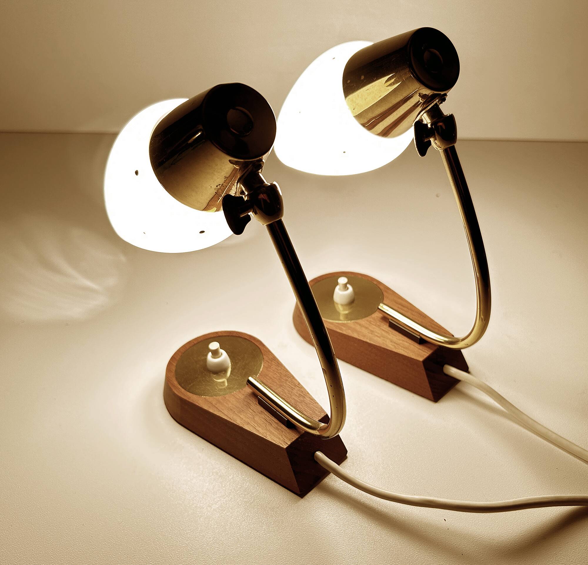 Pair of Scandinavian Lamps, Teak Glass