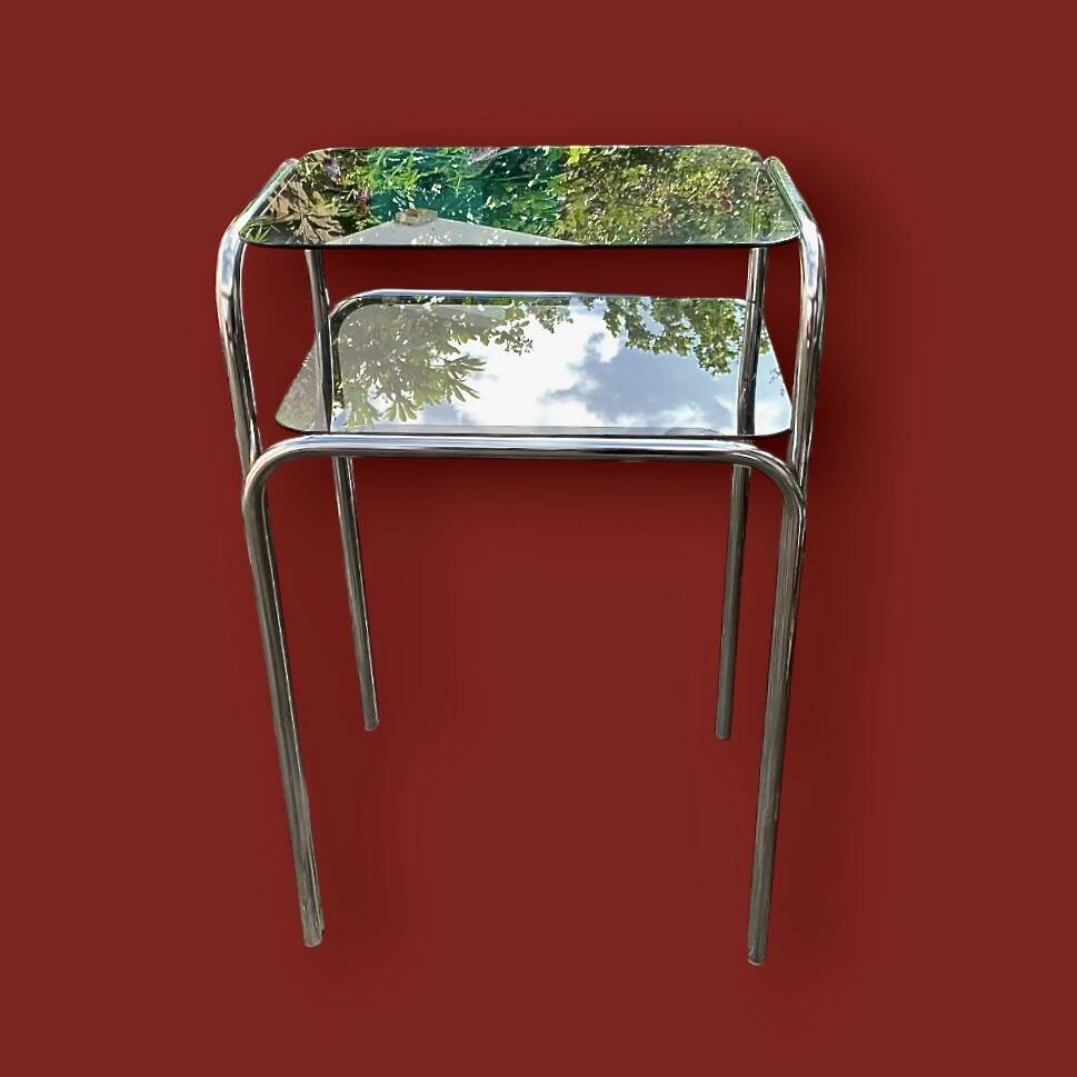 Vintage side table in chromed metal and smoked glass - modernist style