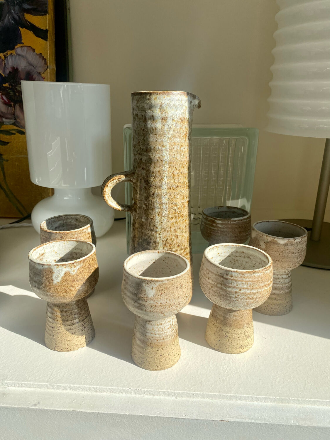 Vintage stoneware coffee set and ceramic cups