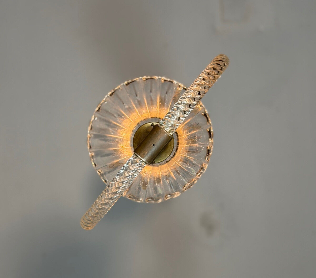 Venetian chandelier in colourless Murano glass and brass, circa 1950.