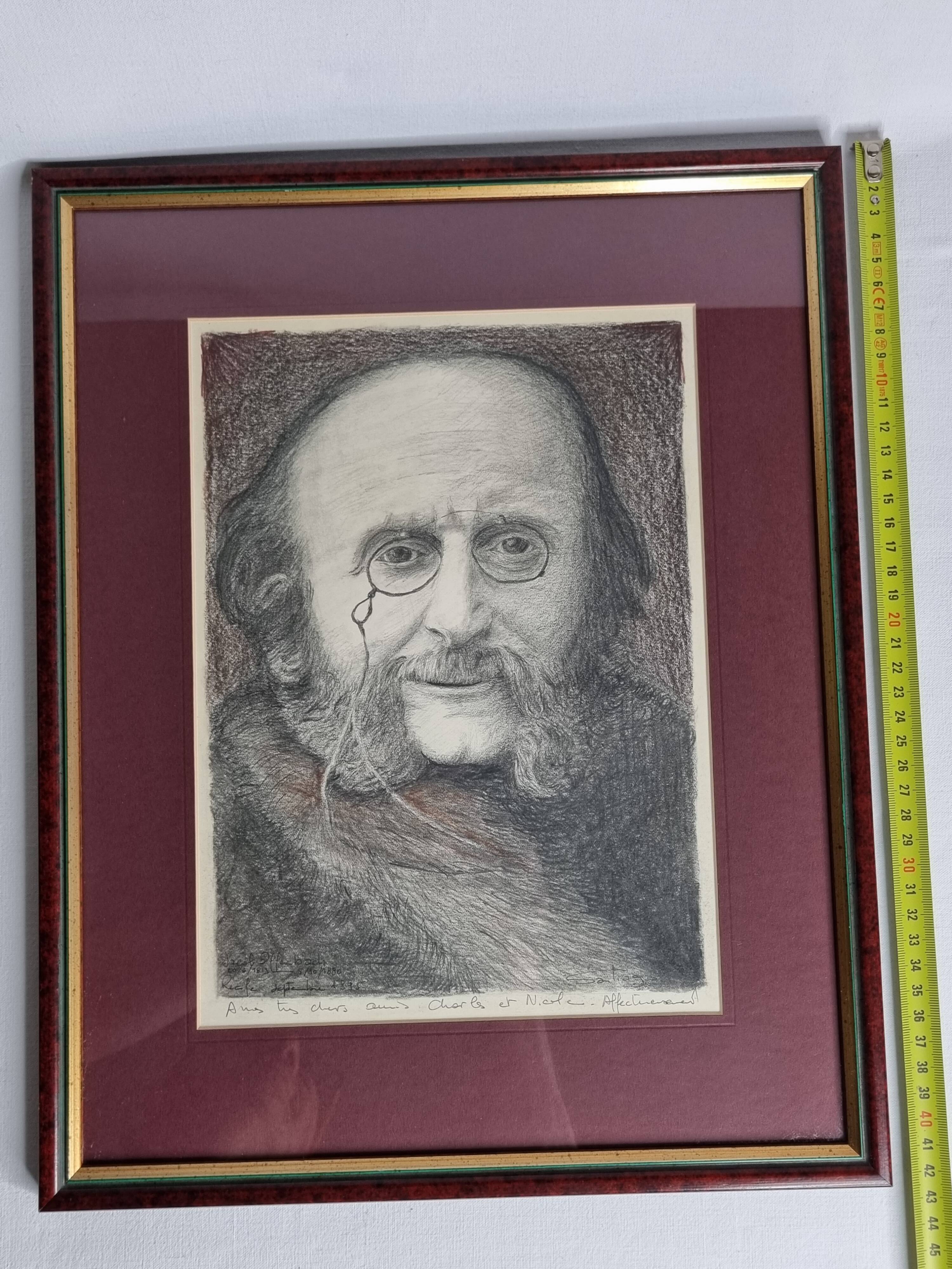 Portrait of Jacques Offenbach inspired by a photograph by Nadar, Framed and signed, 34 x 43 cm