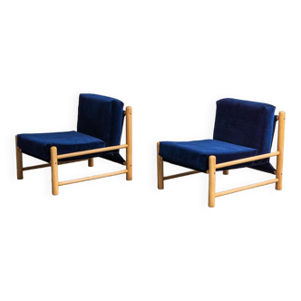 Paire de fauteuils bois velours 70s vintage moderne
