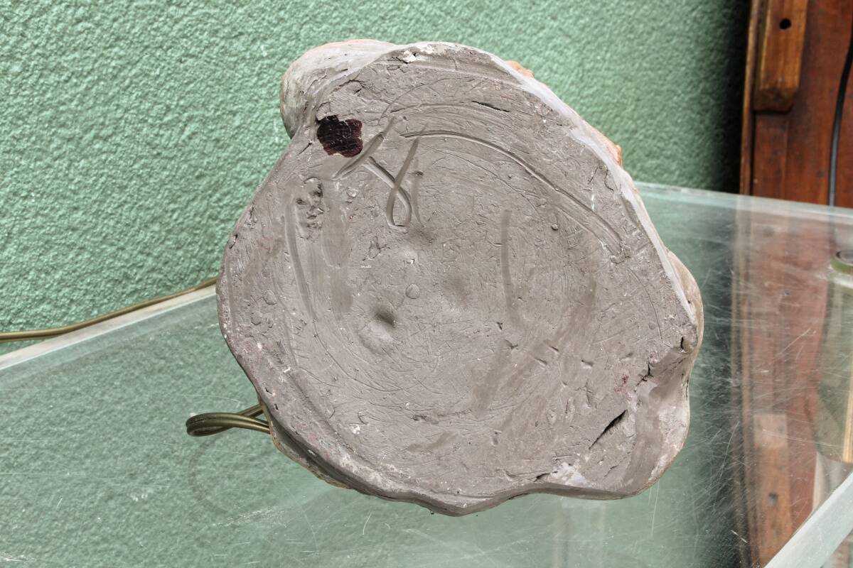 Lamp base in sculpted terracotta featuring birds, signed.