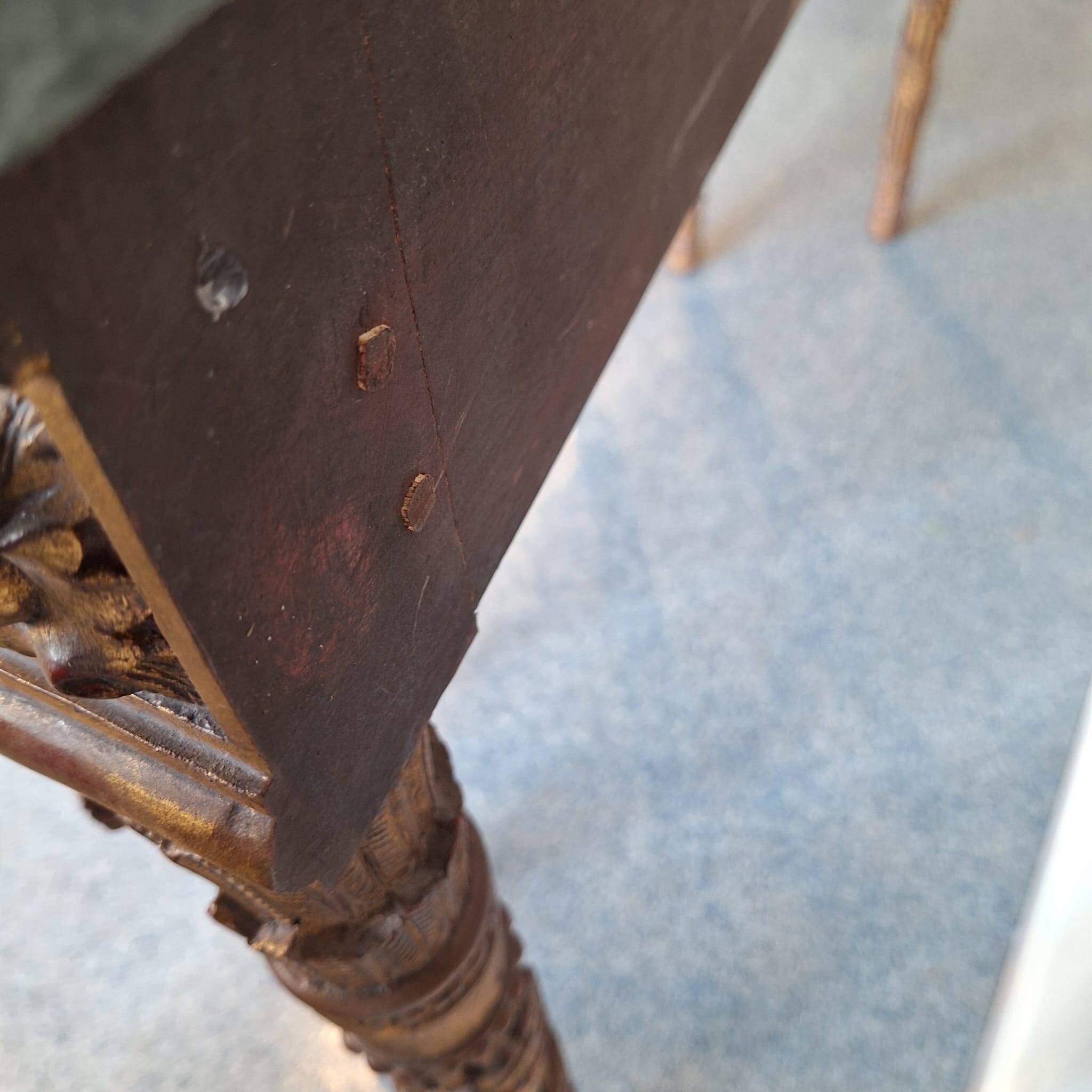 French baroque half-moon wall console with marble and six legs.