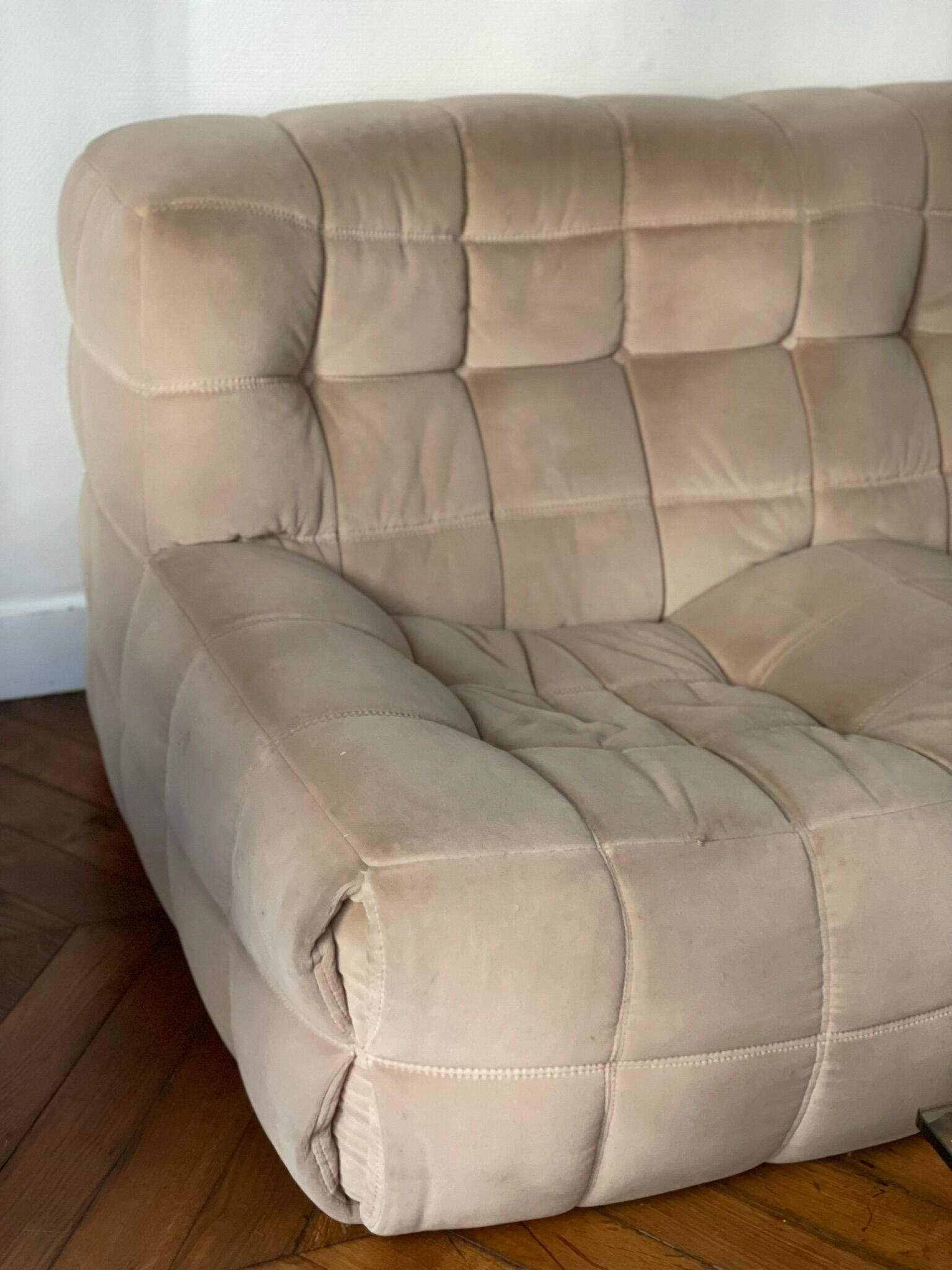 Sofa 3 places Kashima Line Roset velvet beige 70s