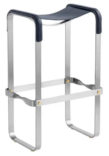 Elegant bar stool in classic contemporary style with aged silver metal and dark brown leather.