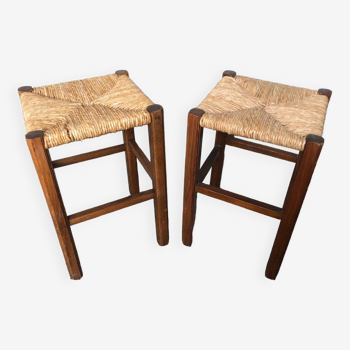Pair of Old Carved Wood Stool + Vintage Straw Seat #A630
