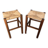 Pair of Old Carved Wood Stool + Vintage Straw Seat #A630